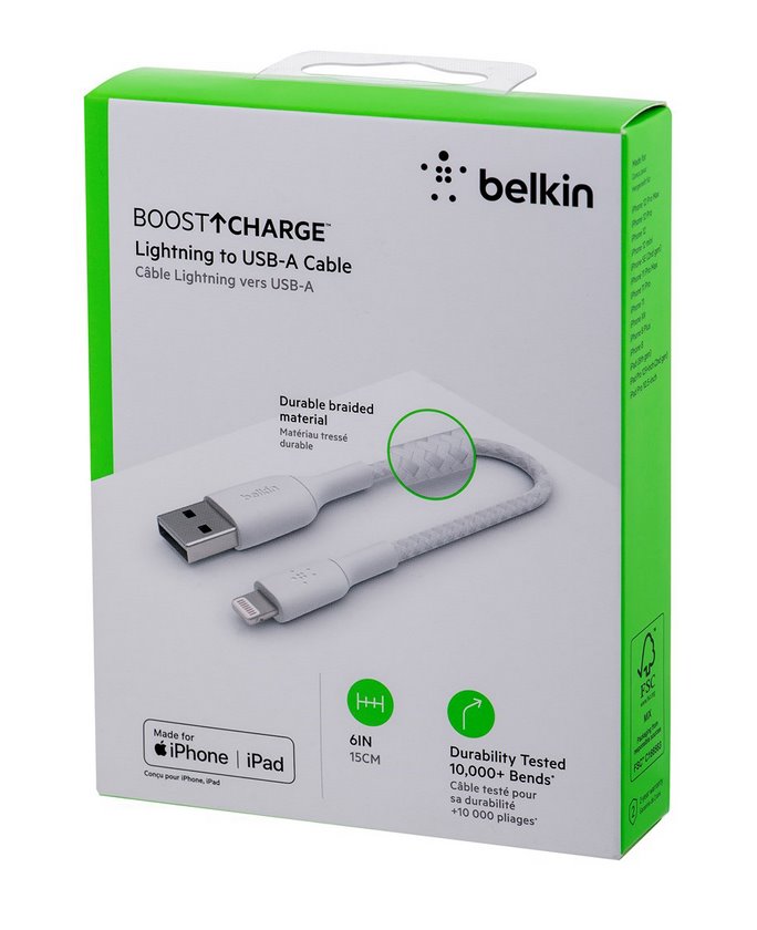 miniatura BELKIN KABEL USB A-LIGHTNING, OPLOT, 0.15M, BIAŁY (CAA002BT0MWH)