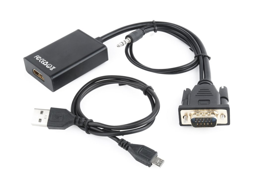 Adapter GEMBIRD A-VGA-HDMI-01 (HDMI F - D-Sub (VGA), Jack stereo 3,5 mm, USB 2.0 M; 0,15m; kolor czarny)