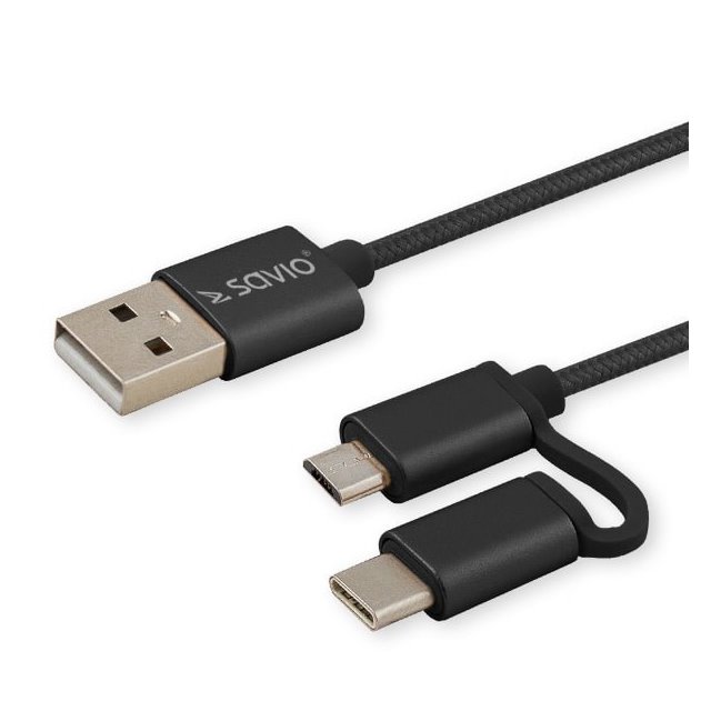 Kabel SAVIO CL-128 (Micro USB typu B, USB typu C - USB 2.0 typu A ; 1m; kolor czarny)