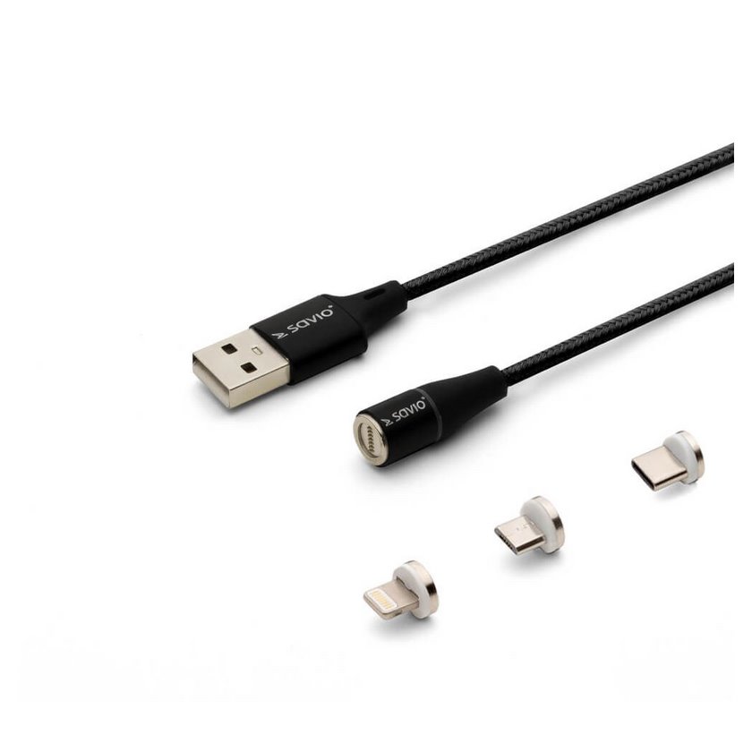 Kabel SAVIO MAGNETYCZNY USB - USB TYP C, MICRO I LIGHTNING, 2M, CZARNY CL-155