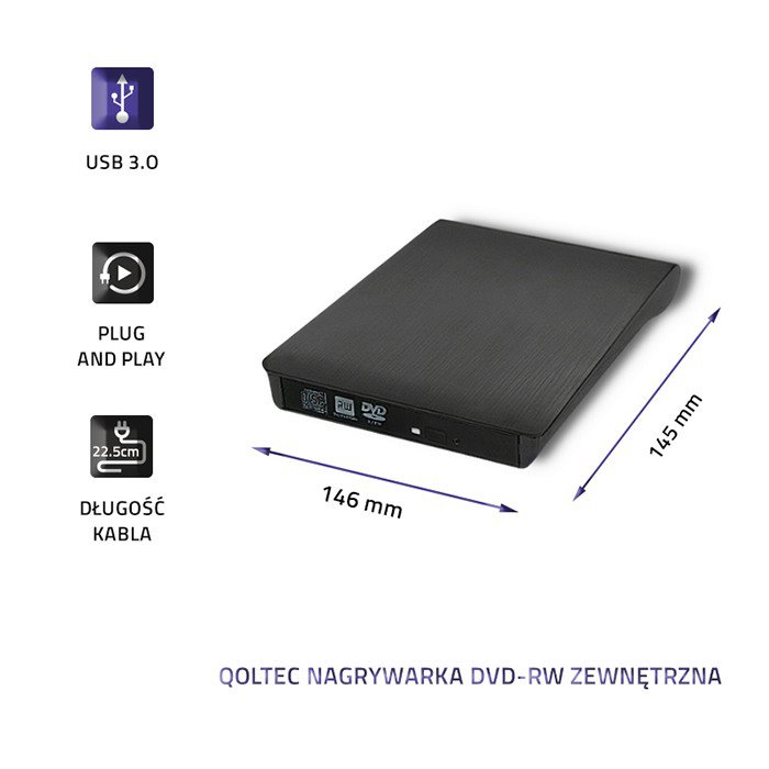 miniatura QOLTEC Nagrywarka DVD-RW ZEWNĘTRZNA | USB 3.0 | CZARNA (51857)